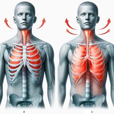 Rappresentazione grafica della respirazione: A toracica e B diaframmatica