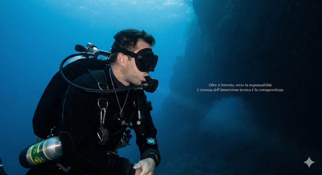 Subacqueo tecnico in assetto hogarthiano durante un'immersione profonda nel blu."