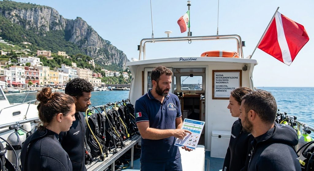 istruttore subacqueo che spiega la nuova legge sulla subacquea 2026 a un gruppo di allievi su una barca diving.